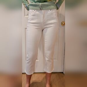 White Denim Capri in size 10. Distressed and Comfortable!
